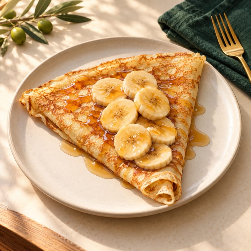 A folded crepe with sliced banana and maple syrup