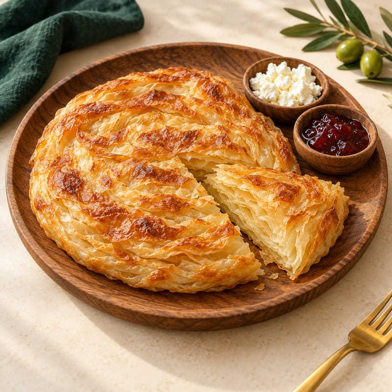 Feteer, a flaky layered Egyptian pastry, with cheese and jam