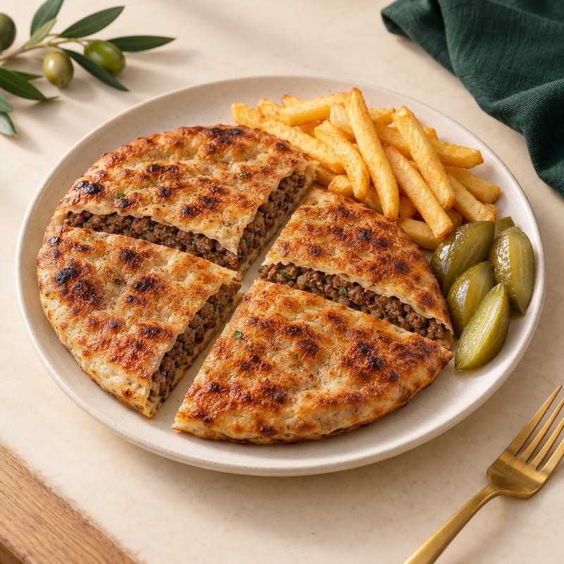 Hawawshi: spiced beef baked in flatbread, with fries and pickles