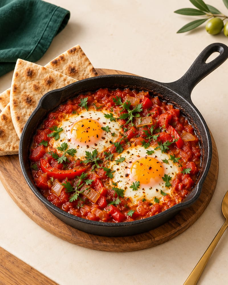 Shakshuka: two eggs baked in tomato, capsicum and onion in a cast-iron pan, with pita