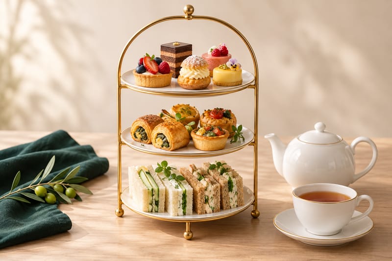 A three-tier stand of sandwiches, pastries and small cakes beside a white teapot