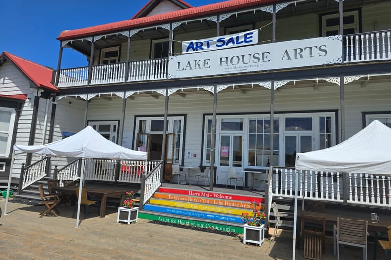The front steps and verandah of Lake House Arts Centre on Fred Thomas Drive, Takapuna