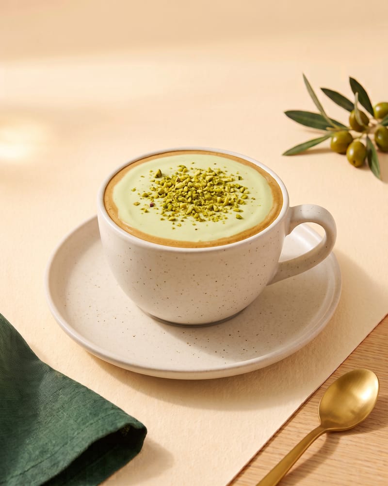 Pistachio cream latte topped with crushed pistachio
