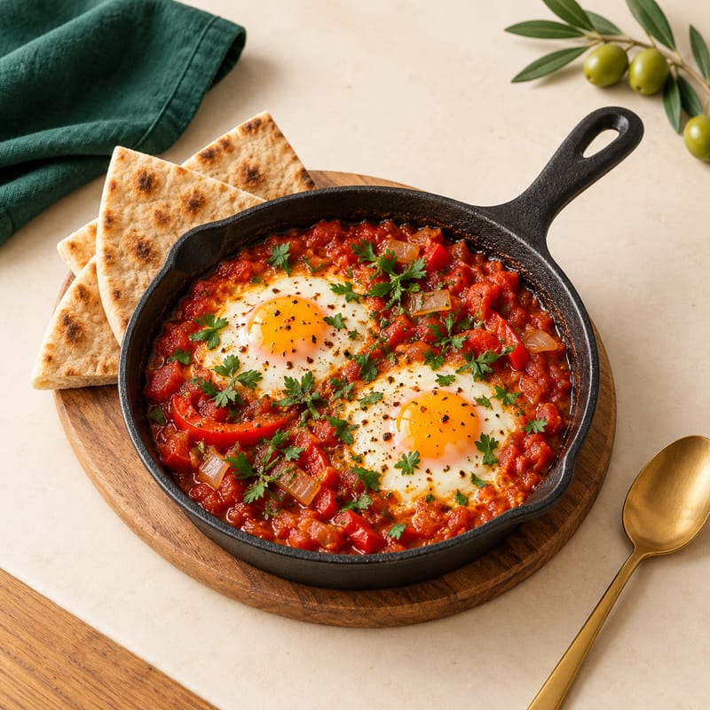 Shakshuka in a cast-iron pan with pita