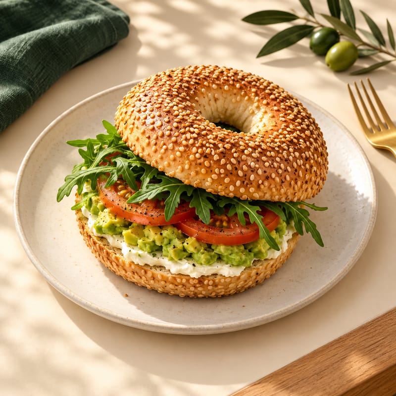 Avocado bagel with cream cheese, tomato and rocket
