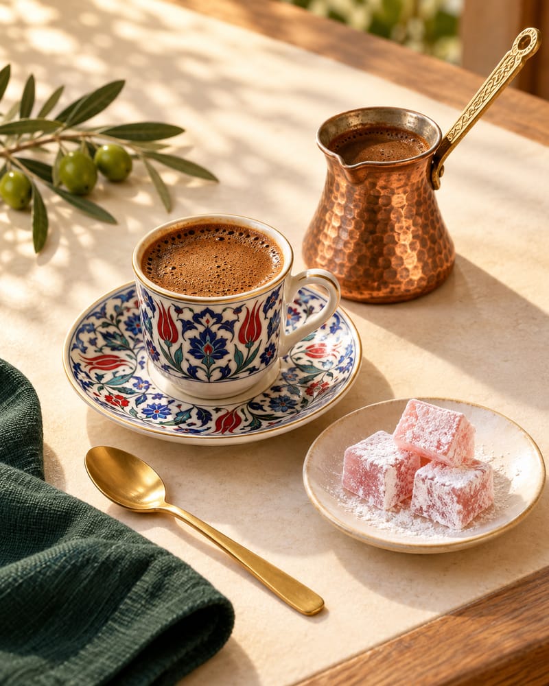 Turkish coffee in a patterned cup beside a copper pot and Turkish delight